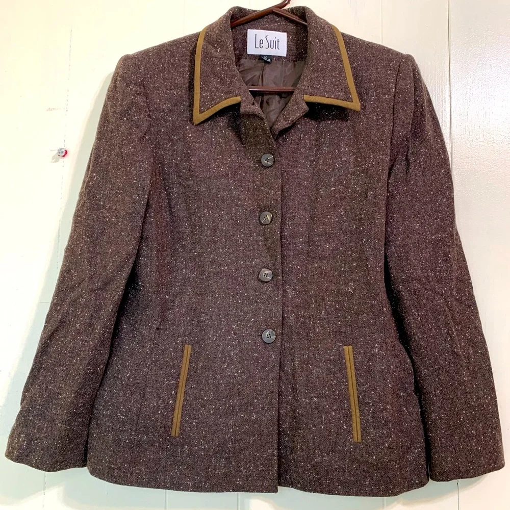 Le Suit Formal Classic Brown Wool Tweed Button Closure Blazer Suit Size 10.